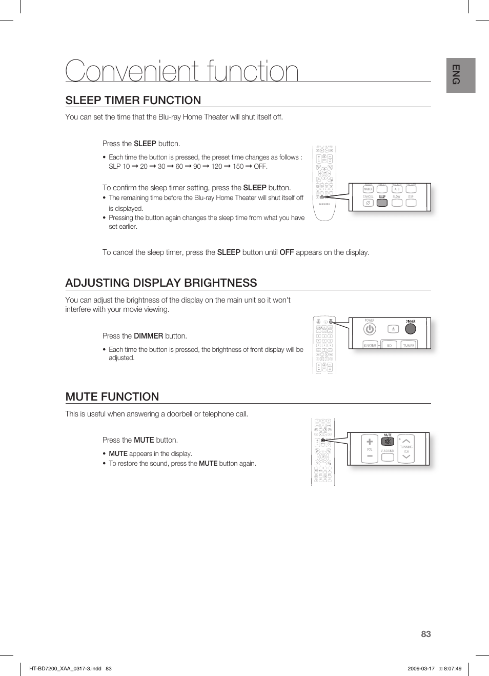 Convenient function, Sleep timer function, Adjusting display brightness | Mute function | Samsung HT-BD7200 User Manual | Page 83 / 100