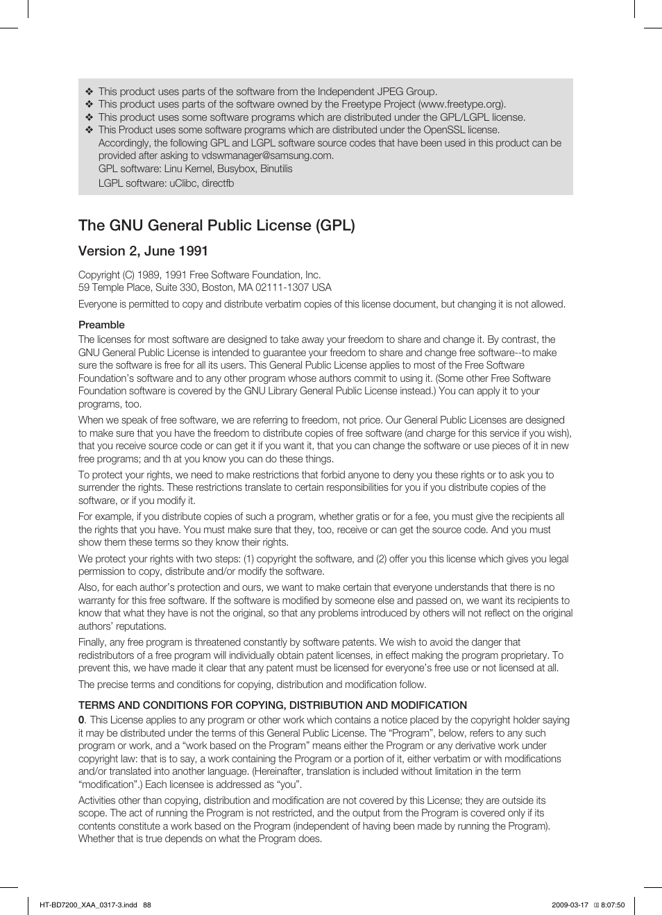 The gnu general public license (gpl) | Samsung HT-BD7200 User Manual | Page 88 / 100