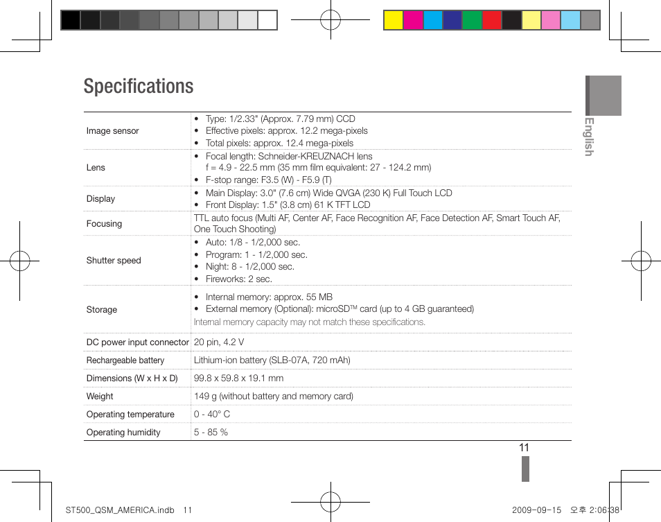 Specifications, English | Samsung ST500 User Manual | Page 11 / 32