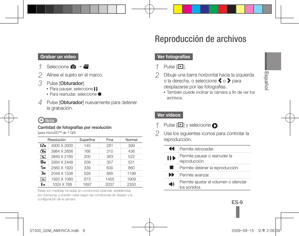 Reproducción de archivos | Samsung ST500 User Manual | Page 19 / 32