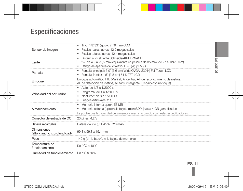 Especificaciones, Español | Samsung ST500 User Manual | Page 21 / 32