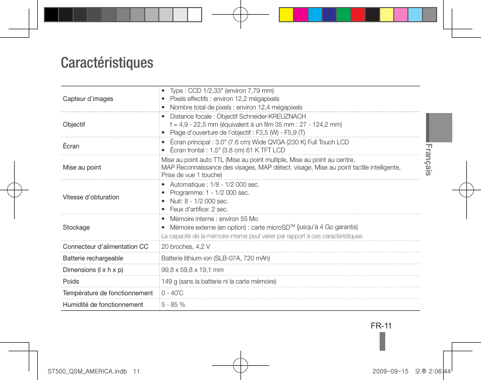 Transfert de fichiers vers un pc (windows), Caractéristiques, Français | Samsung ST500 User Manual | Page 31 / 32