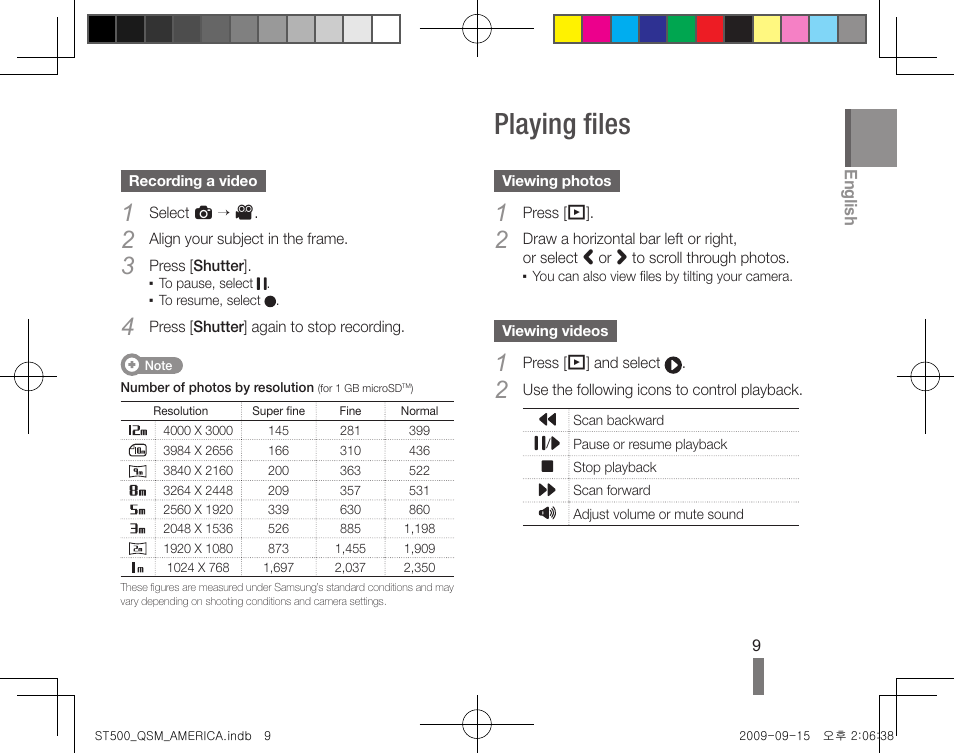 Playing files | Samsung ST500 User Manual | Page 9 / 32