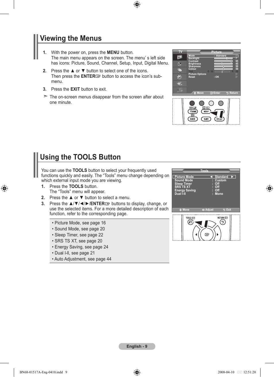 Viewing the menus, Using the tools button, Viewing the menus using the tools button | Samsung LEA LEA BN68-01517A-00 User Manual | Page 11 / 51