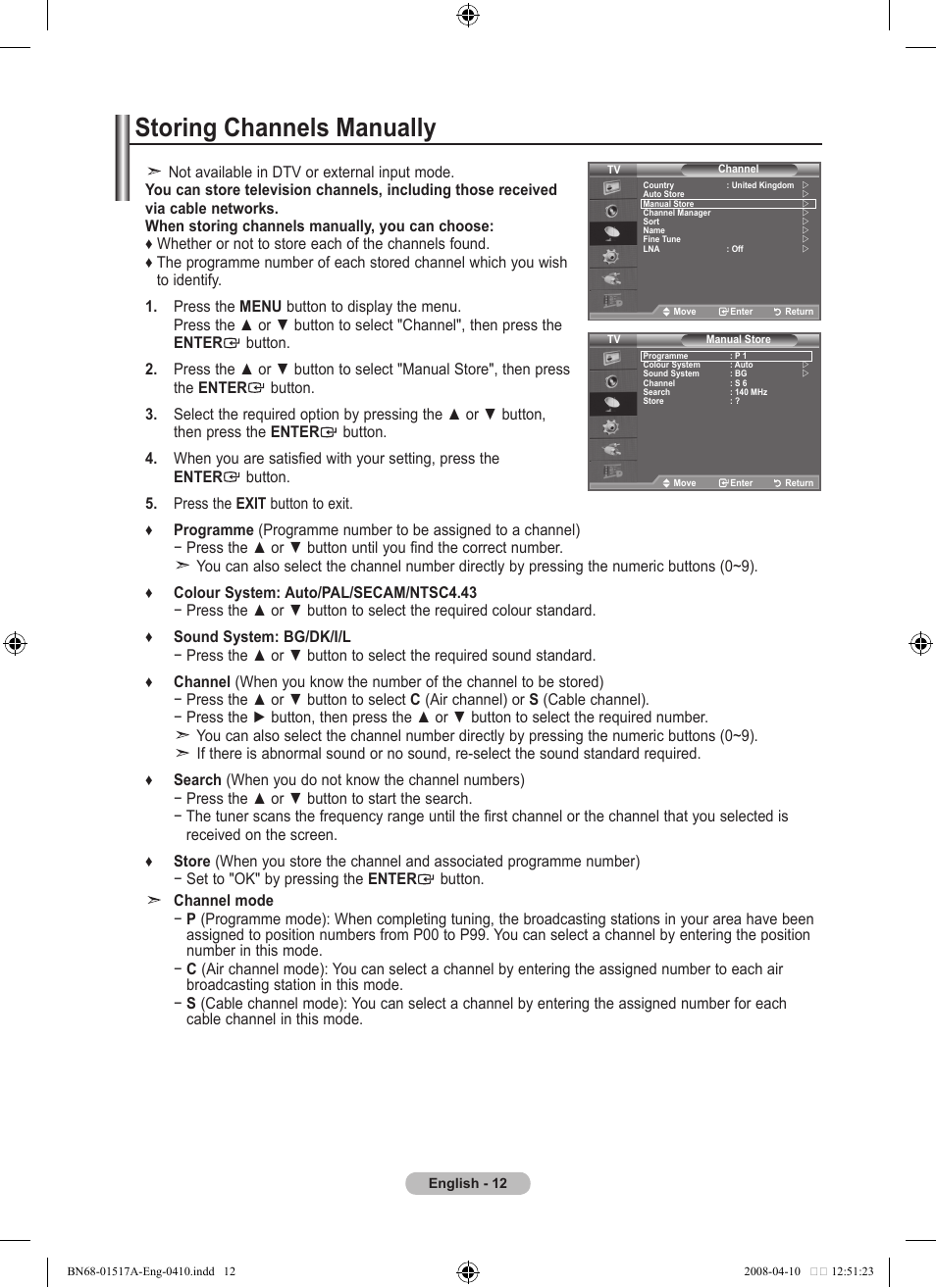 Storing channels manually | Samsung LEA LEA BN68-01517A-00 User Manual | Page 14 / 51