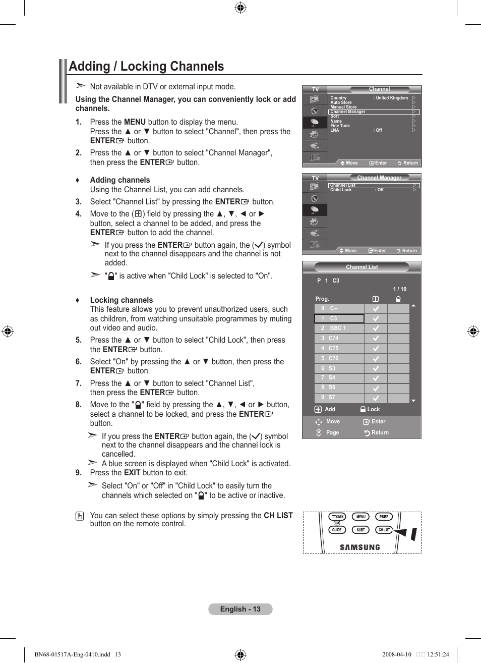 Adding / locking channels | Samsung LEA LEA BN68-01517A-00 User Manual | Page 15 / 51