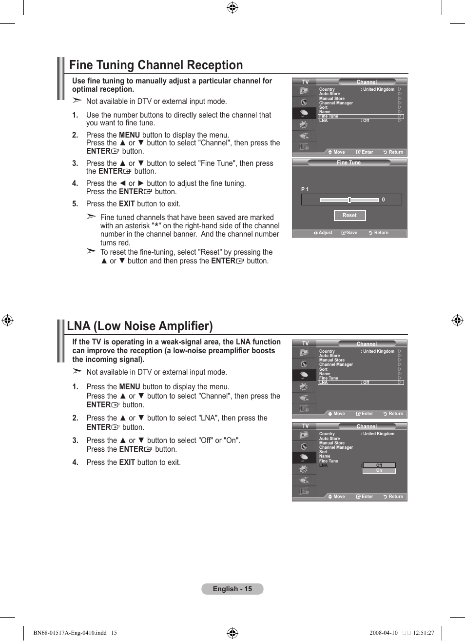 Fine tuning channel reception, Lna (low noise amplifier) | Samsung LEA LEA BN68-01517A-00 User Manual | Page 17 / 51