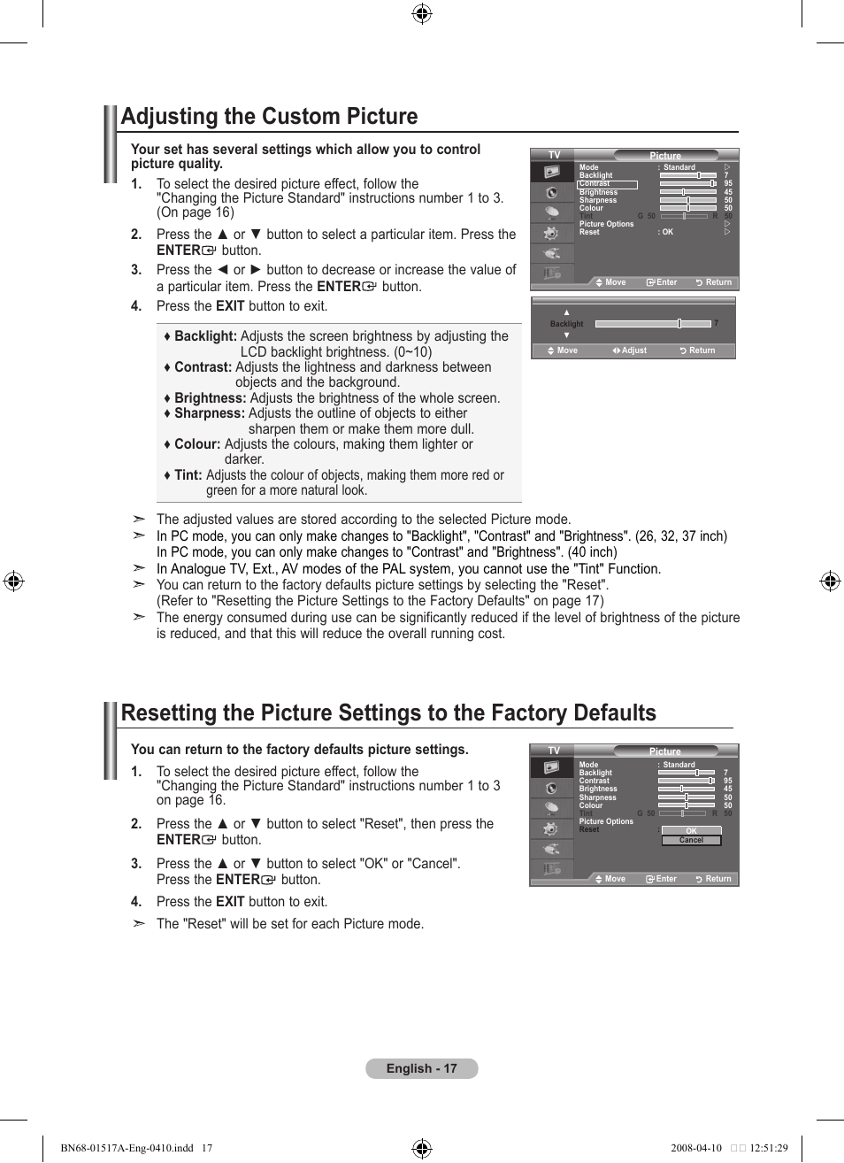 Adjusting the custom picture | Samsung LEA LEA BN68-01517A-00 User Manual | Page 19 / 51