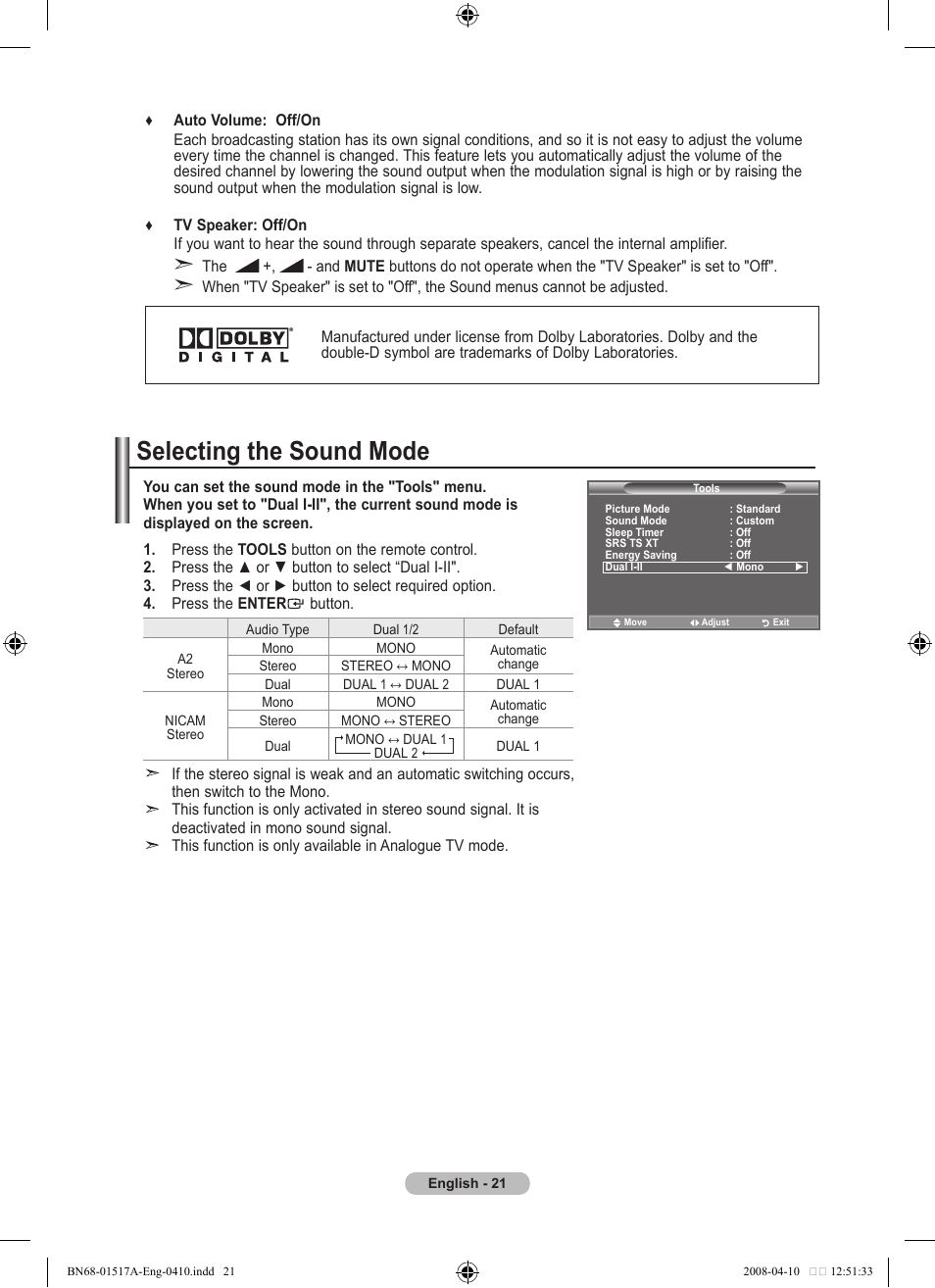 Selecting the sound mode | Samsung LEA LEA BN68-01517A-00 User Manual | Page 23 / 51