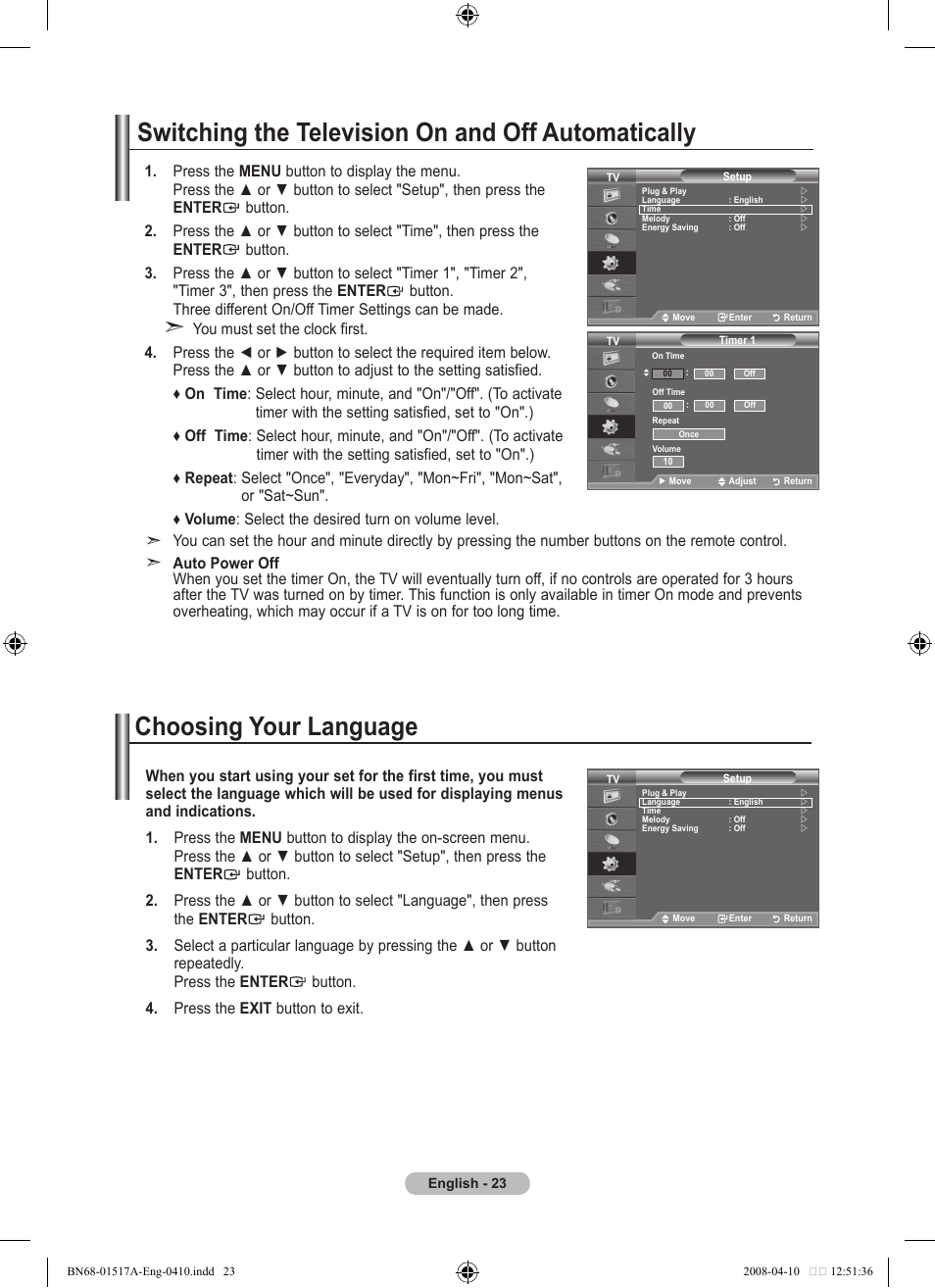 Switching the television on and off automatically, Function description, Choosing your language | Samsung LEA LEA BN68-01517A-00 User Manual | Page 25 / 51