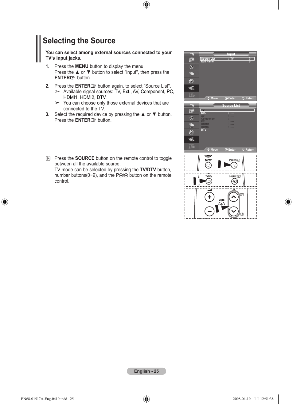 Selecting the source | Samsung LEA LEA BN68-01517A-00 User Manual | Page 27 / 51