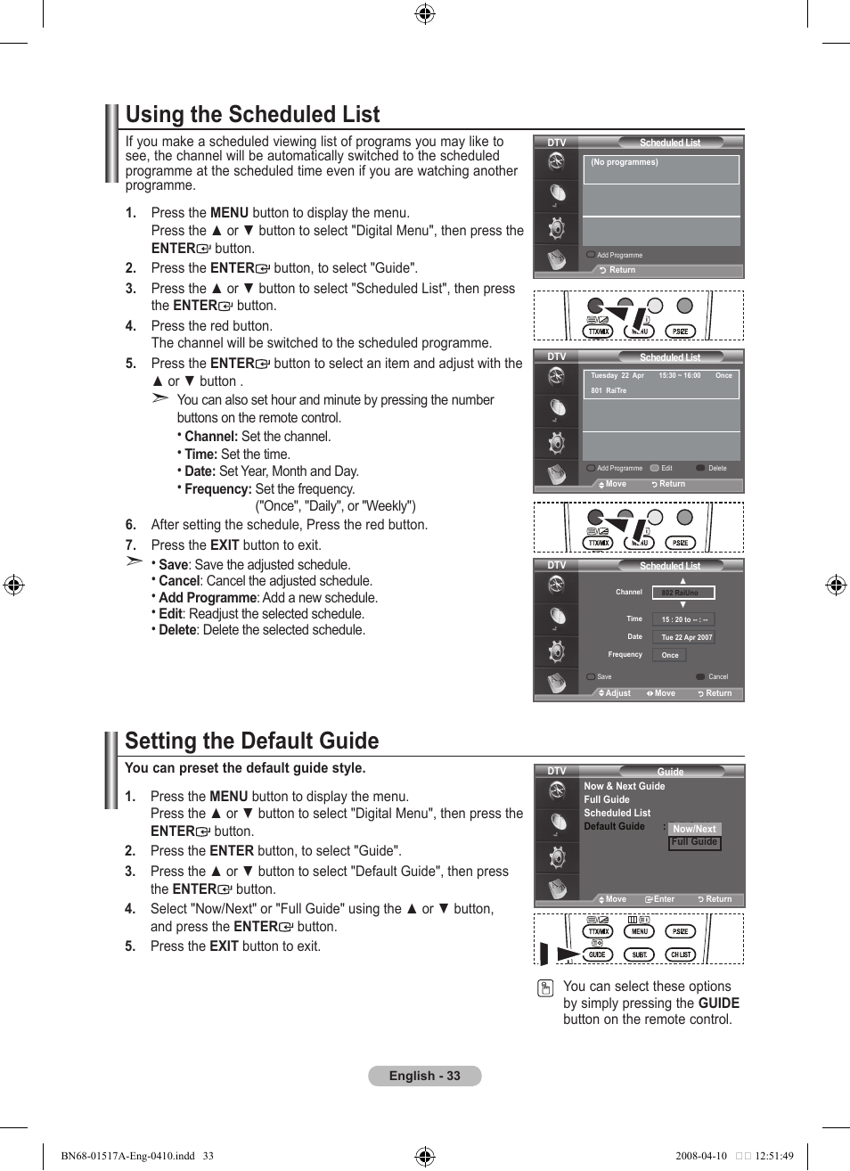 Using the scheduled list, Setting the default guide | Samsung LEA LEA BN68-01517A-00 User Manual | Page 35 / 51