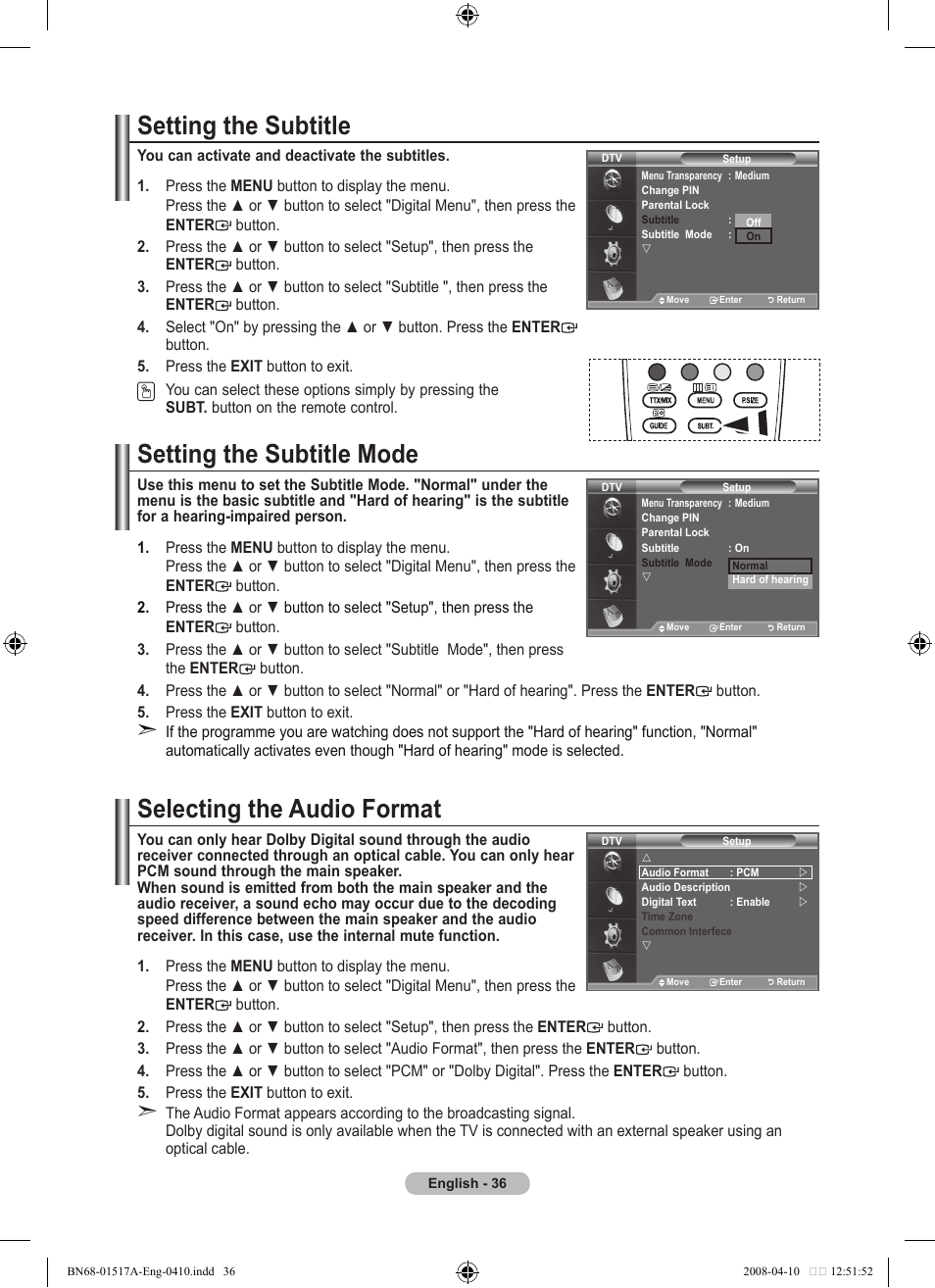 Setting the subtitle, Setting the subtitle mode, Selecting the audio format | Samsung LEA LEA BN68-01517A-00 User Manual | Page 38 / 51