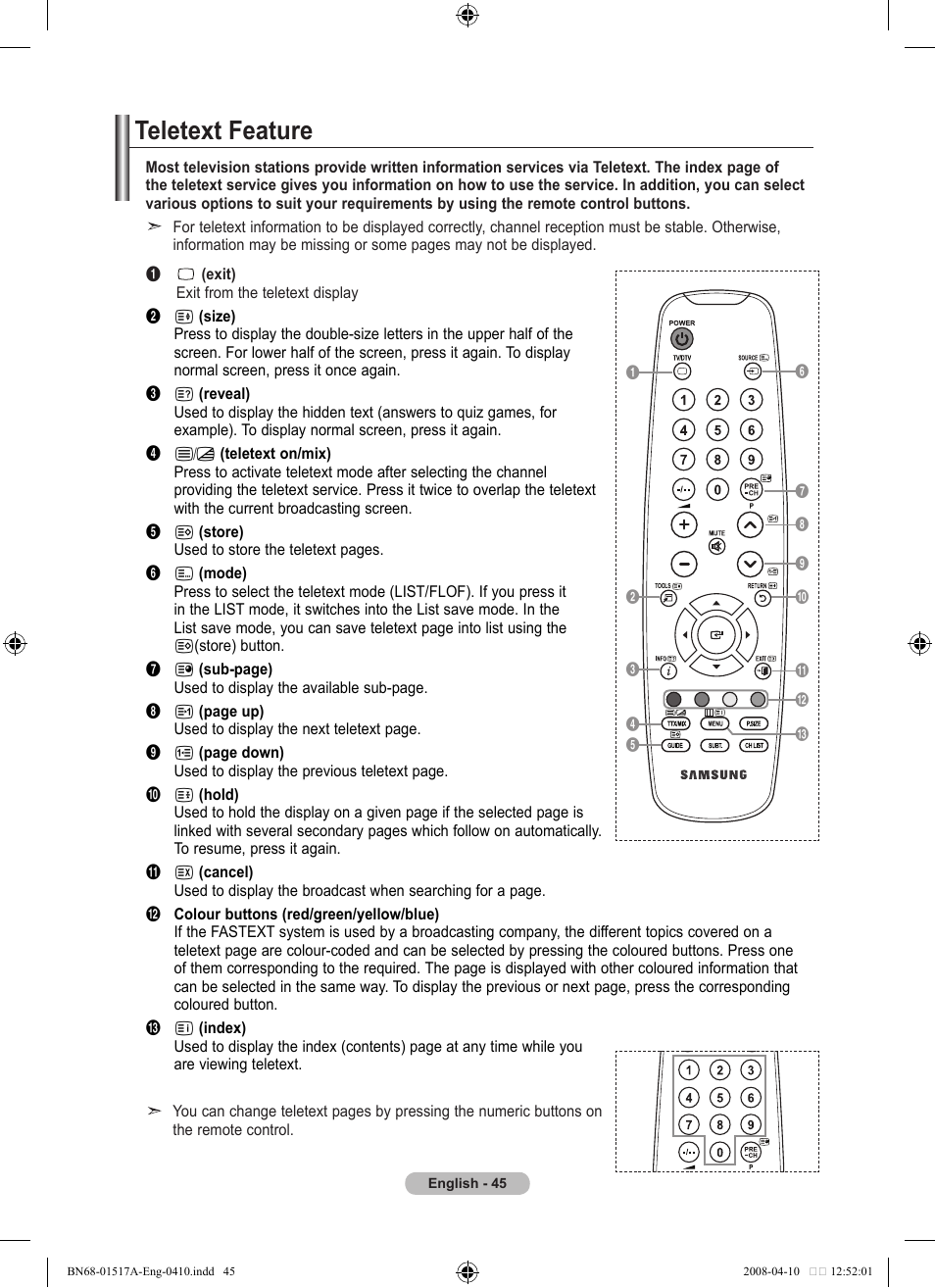 Recommendations for use, Teletext feature | Samsung LEA LEA BN68-01517A-00 User Manual | Page 47 / 51