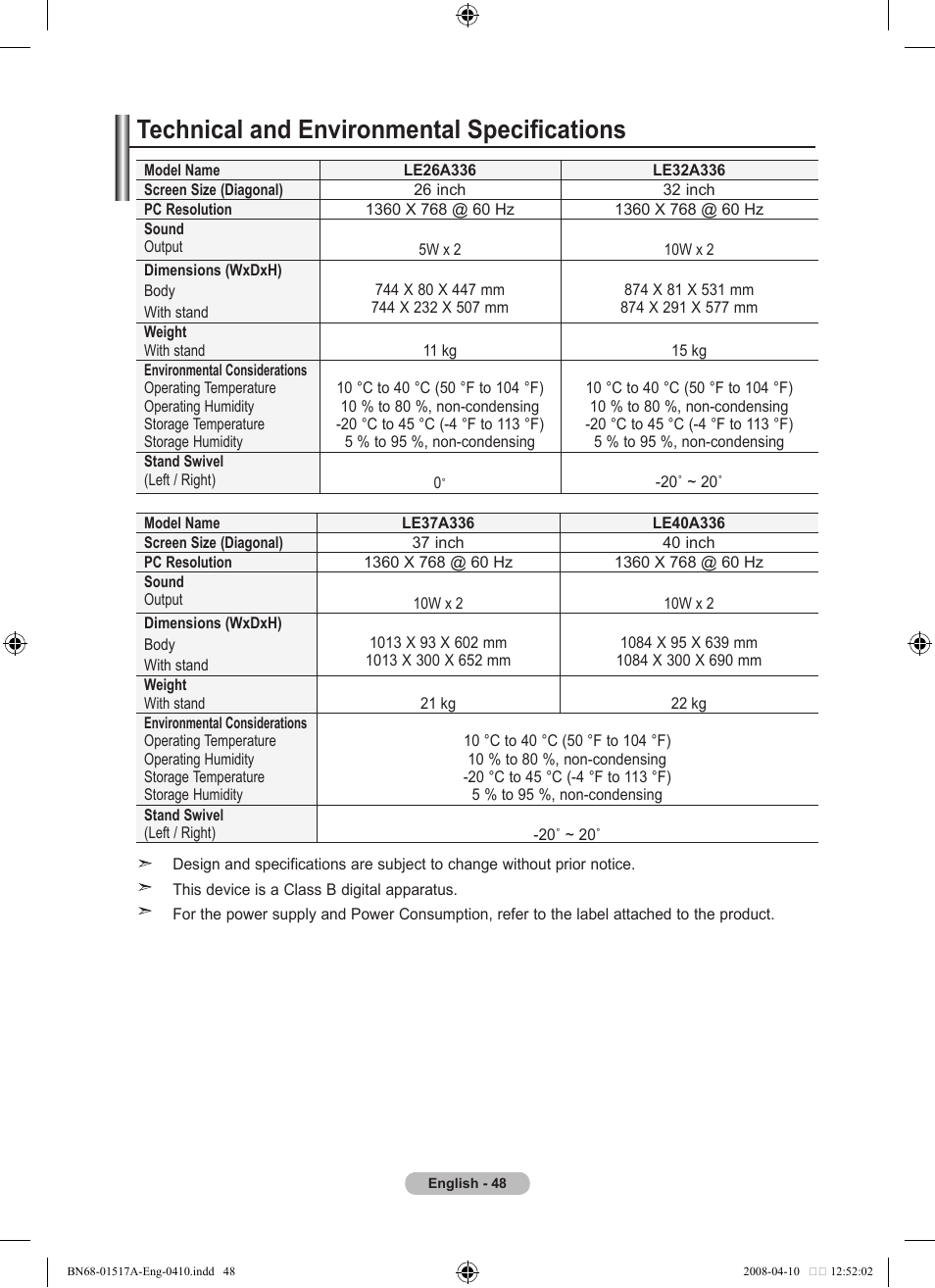 Technical and environmental specifications | Samsung LEA LEA BN68-01517A-00 User Manual | Page 50 / 51