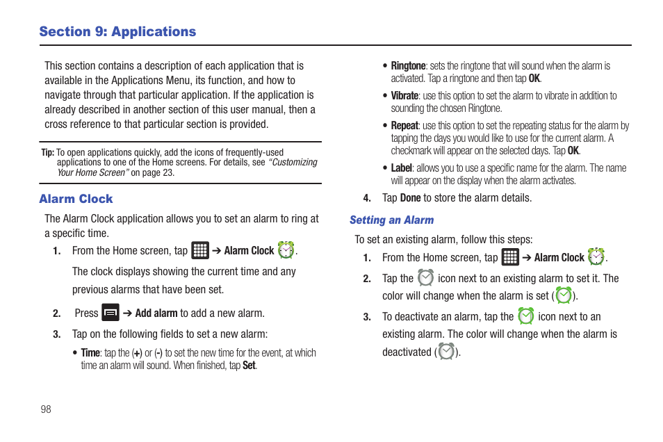 Section 9: applications, Alarm clock | Samsung Galaxy Tab A3LSGHI987 User Manual | Page 102 / 146