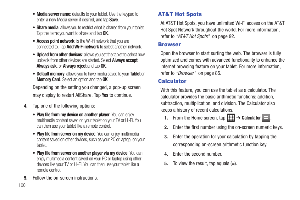 At&t hot spots, Browser, Calculator | At&t hot spots browser calculator | Samsung Galaxy Tab A3LSGHI987 User Manual | Page 104 / 146