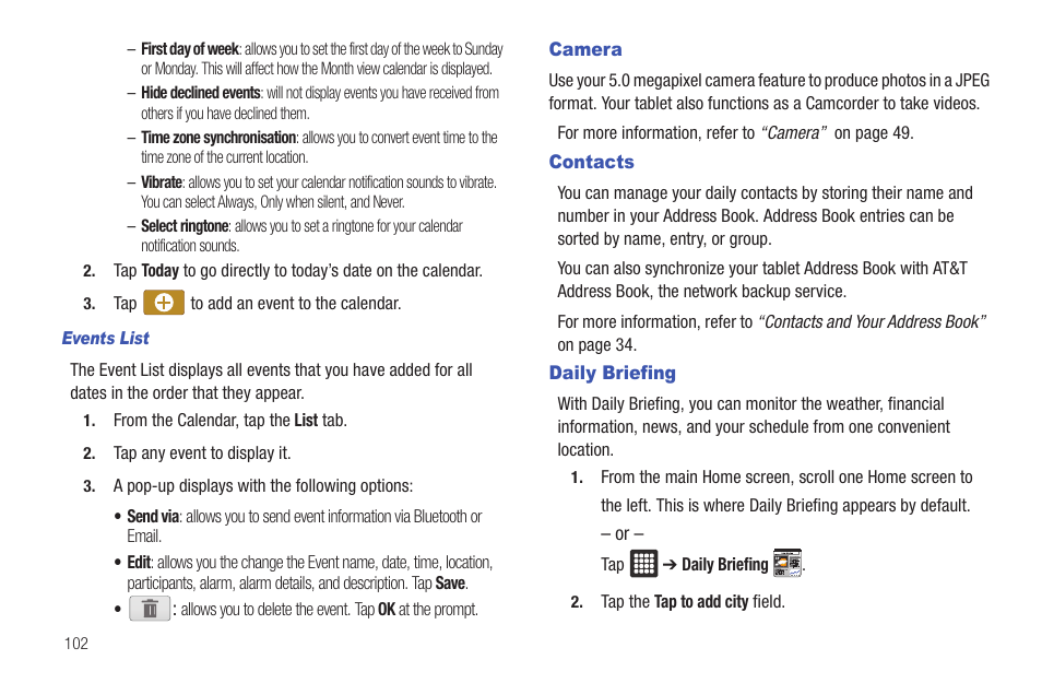 Camera, Contacts, Daily briefing | Camera contacts daily briefing | Samsung Galaxy Tab A3LSGHI987 User Manual | Page 106 / 146