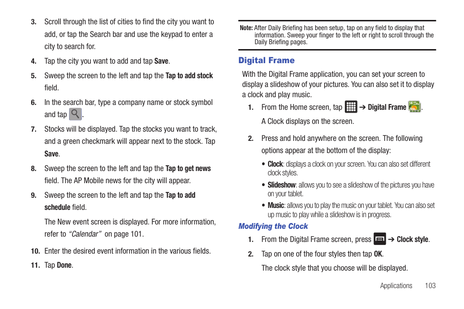Digital frame | Samsung Galaxy Tab A3LSGHI987 User Manual | Page 107 / 146