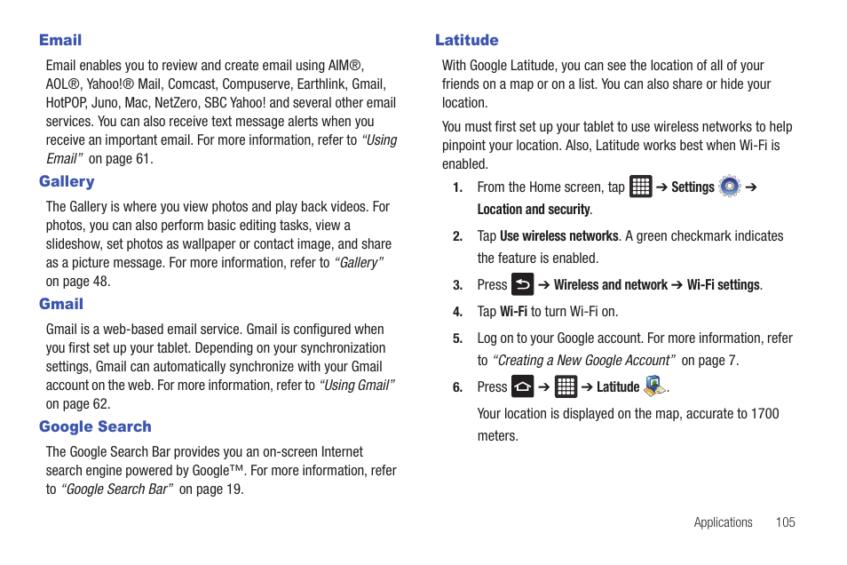 Email, Gallery, Gmail | Google search, Latitude, Email gallery gmail google search latitude | Samsung Galaxy Tab A3LSGHI987 User Manual | Page 109 / 146