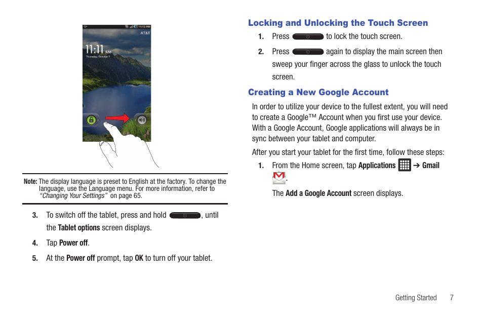 Locking and unlocking the touch screen, Creating a new google account | Samsung Galaxy Tab A3LSGHI987 User Manual | Page 11 / 146