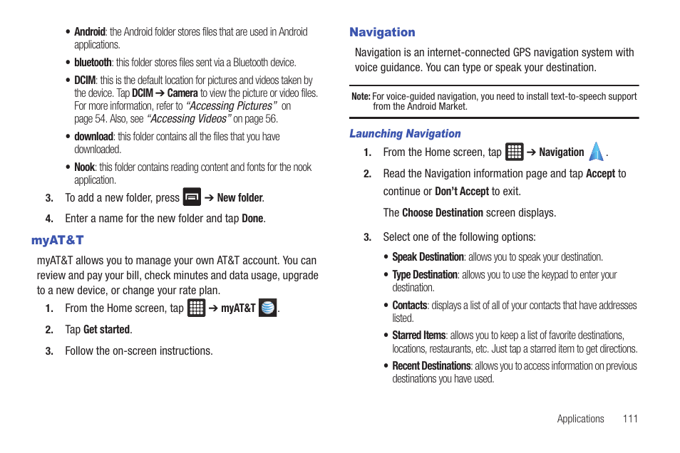 Myat&t, Navigation, Myat&t navigation | Samsung Galaxy Tab A3LSGHI987 User Manual | Page 115 / 146