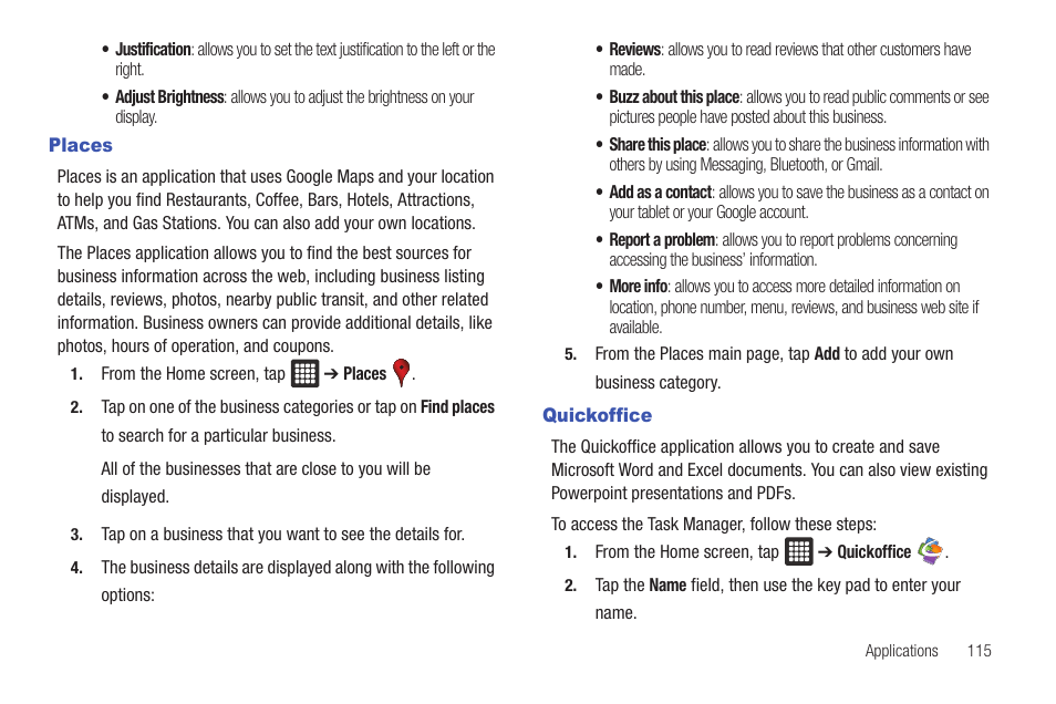 Places, Quickoffice, Places quickoffice | Samsung Galaxy Tab A3LSGHI987 User Manual | Page 119 / 146