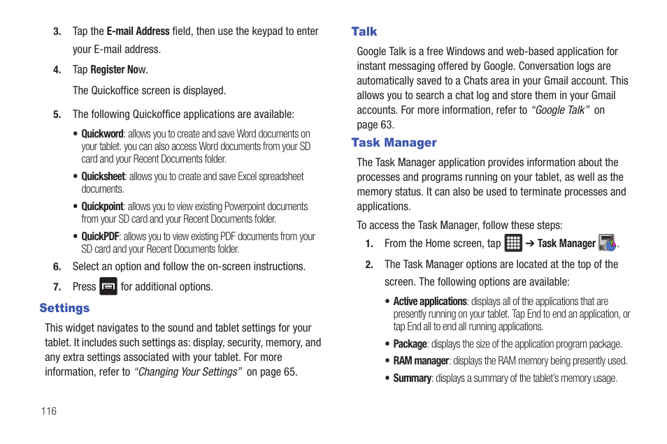 Settings, Talk, Task manager | Settings talk task manager | Samsung Galaxy Tab A3LSGHI987 User Manual | Page 120 / 146