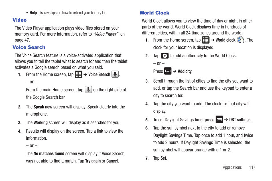 Video, Voice search, World clock | Video voice search world clock | Samsung Galaxy Tab A3LSGHI987 User Manual | Page 121 / 146