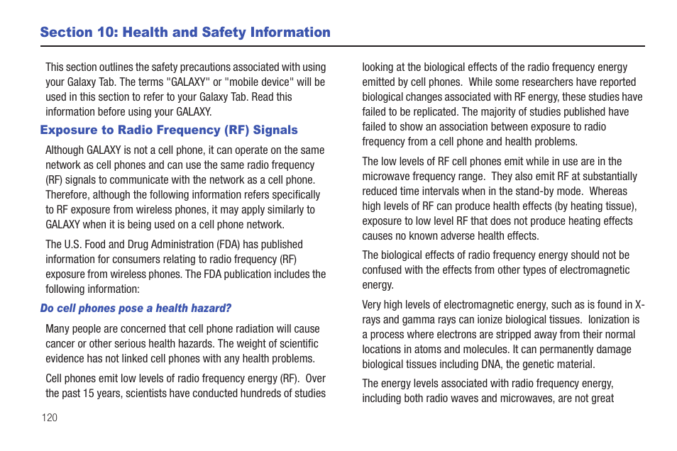 Section 10: health and safety information, Exposure to radio frequency (rf) signals | Samsung Galaxy Tab A3LSGHI987 User Manual | Page 124 / 146