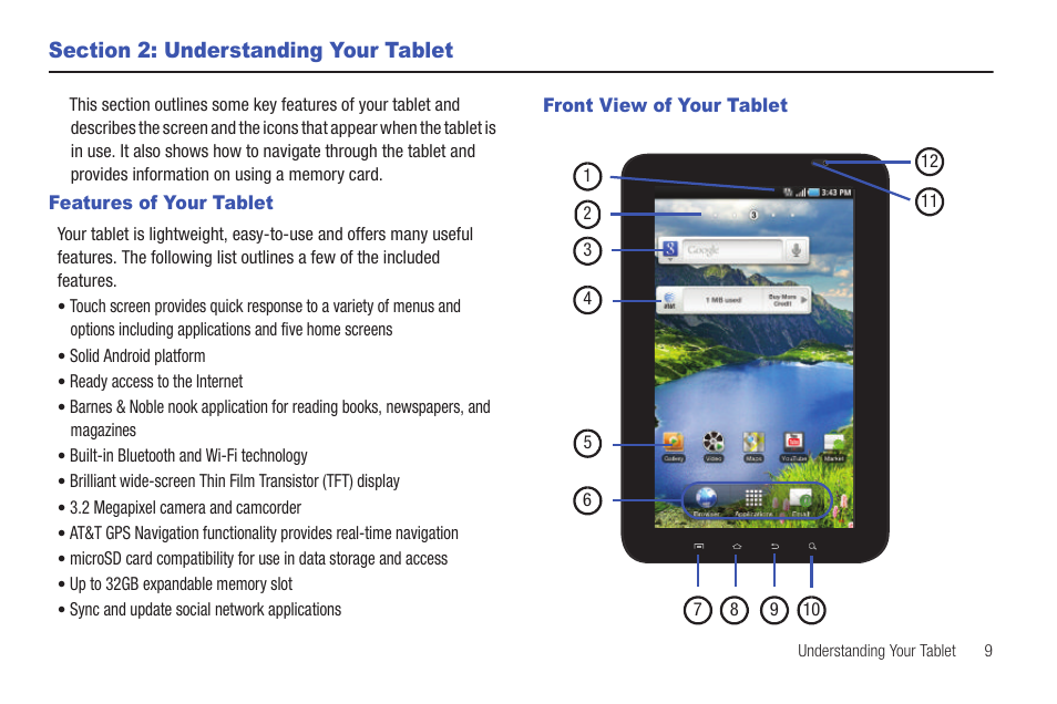 Section 2: understanding your tablet, Features of your tablet, Front view of your tablet | Features of your tablet front view of your tablet | Samsung Galaxy Tab A3LSGHI987 User Manual | Page 13 / 146