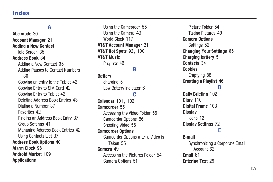 Index | Samsung Galaxy Tab A3LSGHI987 User Manual | Page 143 / 146