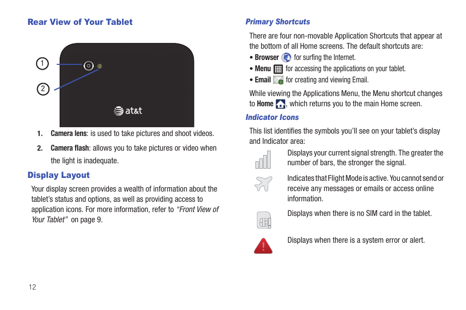 Rear view of your tablet, Display layout, Rear view of your tablet display layout | Samsung Galaxy Tab A3LSGHI987 User Manual | Page 16 / 146