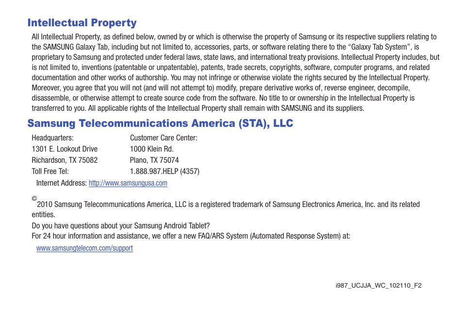Intellectual property, Samsung telecommunications america (sta), llc | Samsung Galaxy Tab A3LSGHI987 User Manual | Page 2 / 146