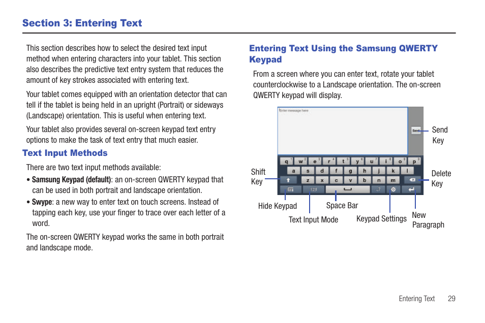 Section 3: entering text, Text input methods, Entering text using the samsung qwerty keypad | Samsung Galaxy Tab A3LSGHI987 User Manual | Page 33 / 146