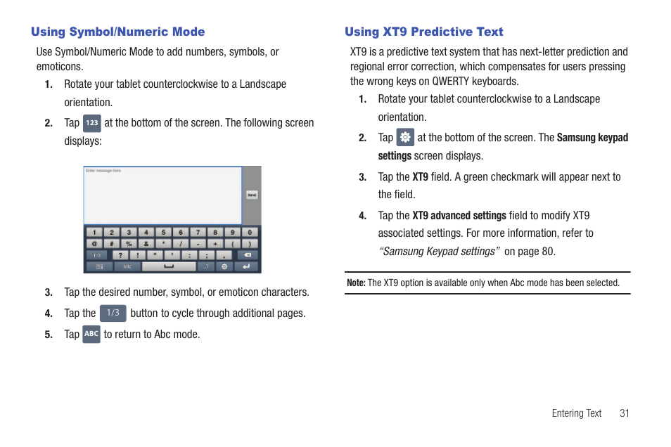Using symbol/numeric mode, Using xt9 predictive text | Samsung Galaxy Tab A3LSGHI987 User Manual | Page 35 / 146