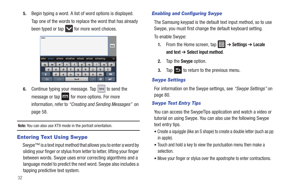 Entering text using swype | Samsung Galaxy Tab A3LSGHI987 User Manual | Page 36 / 146