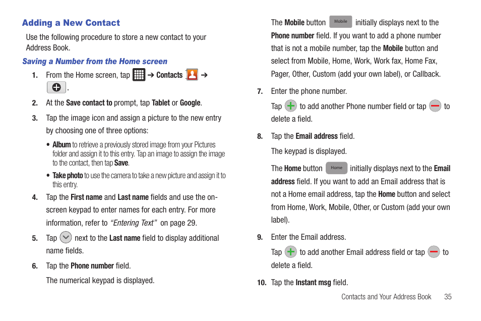 Adding a new contact | Samsung Galaxy Tab A3LSGHI987 User Manual | Page 39 / 146