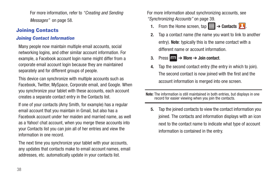 Joining contacts | Samsung Galaxy Tab A3LSGHI987 User Manual | Page 42 / 146