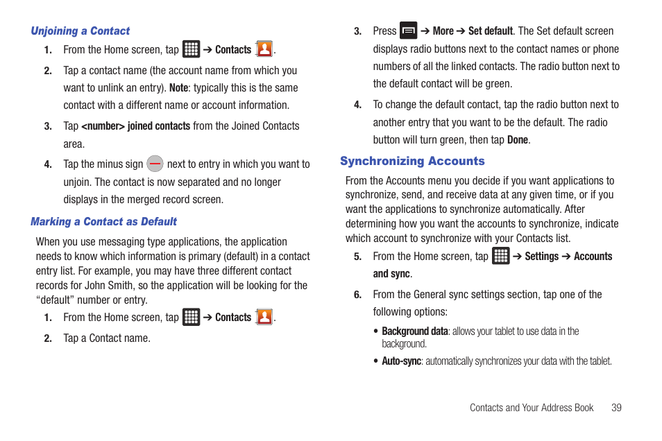 Synchronizing accounts | Samsung Galaxy Tab A3LSGHI987 User Manual | Page 43 / 146