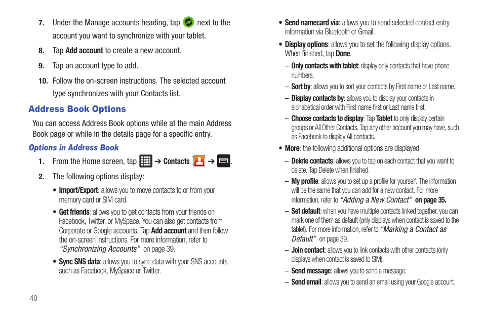 Address book options | Samsung Galaxy Tab A3LSGHI987 User Manual | Page 44 / 146