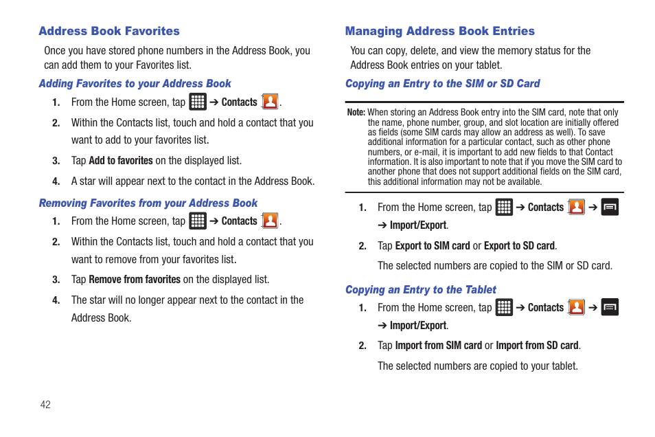 Address book favorites, Managing address book entries | Samsung Galaxy Tab A3LSGHI987 User Manual | Page 46 / 146