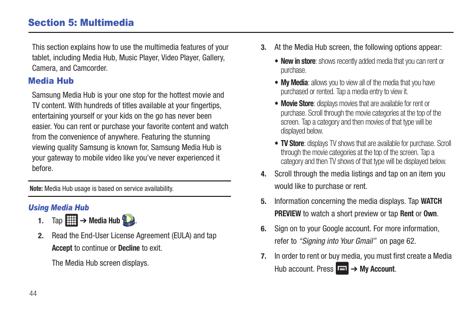 Section 5: multimedia, Media hub | Samsung Galaxy Tab A3LSGHI987 User Manual | Page 48 / 146