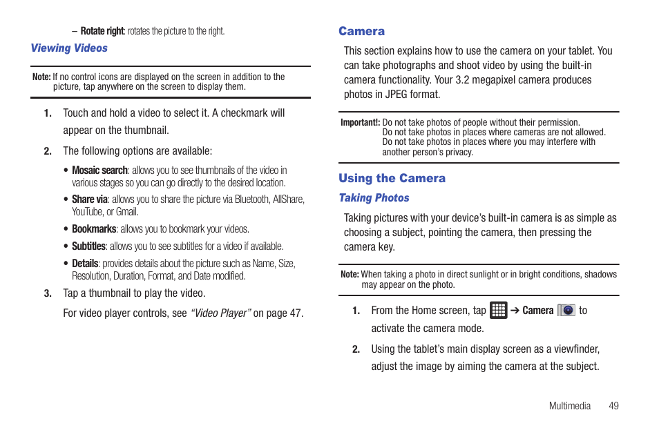 Camera, Using the camera, Camera using the camera | Samsung Galaxy Tab A3LSGHI987 User Manual | Page 53 / 146