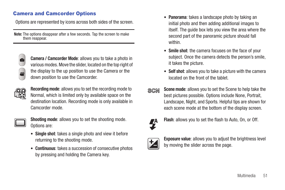 Camera and camcorder options | Samsung Galaxy Tab A3LSGHI987 User Manual | Page 55 / 146