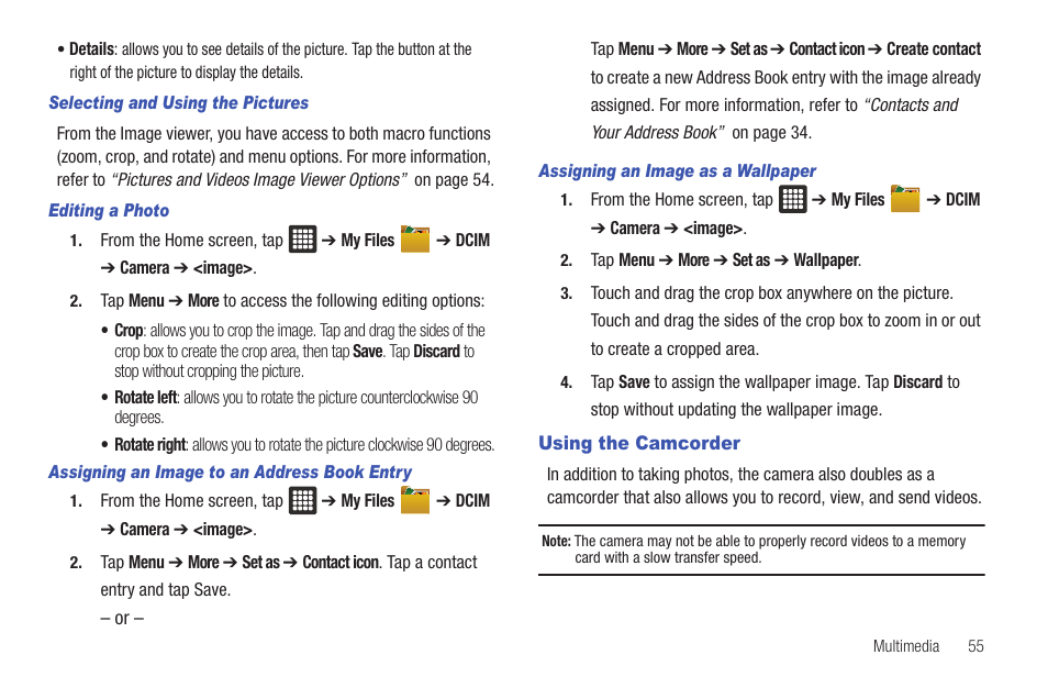 Using the camcorder | Samsung Galaxy Tab A3LSGHI987 User Manual | Page 59 / 146