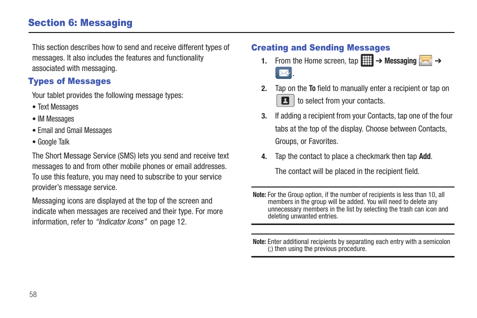 Section 6: messaging, Types of messages, Creating and sending messages | Types of messages creating and sending messages, For more options. for more | Samsung Galaxy Tab A3LSGHI987 User Manual | Page 62 / 146