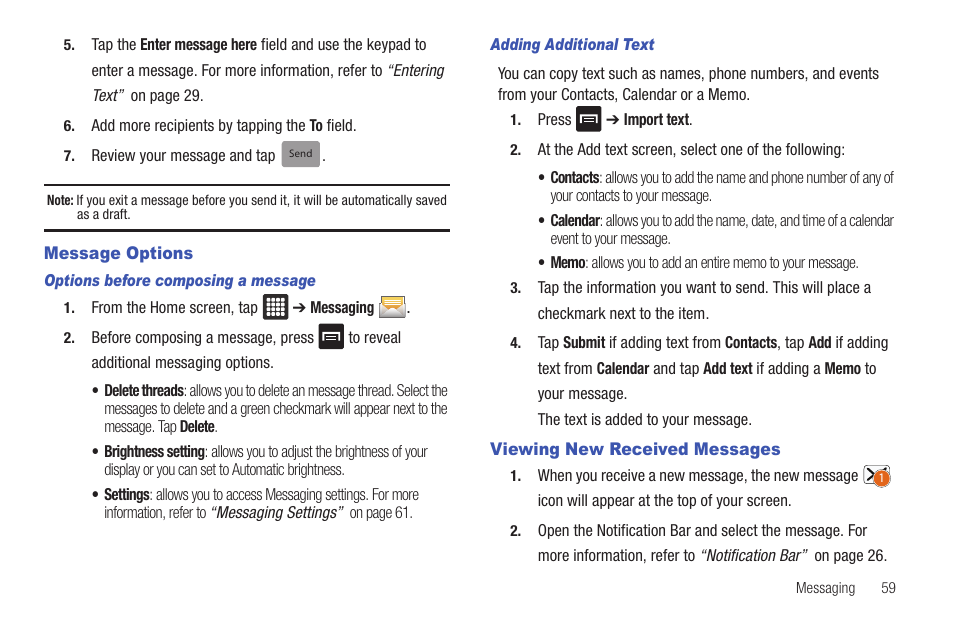 Message options, Viewing new received messages, Message options viewing new received messages | Samsung Galaxy Tab A3LSGHI987 User Manual | Page 63 / 146