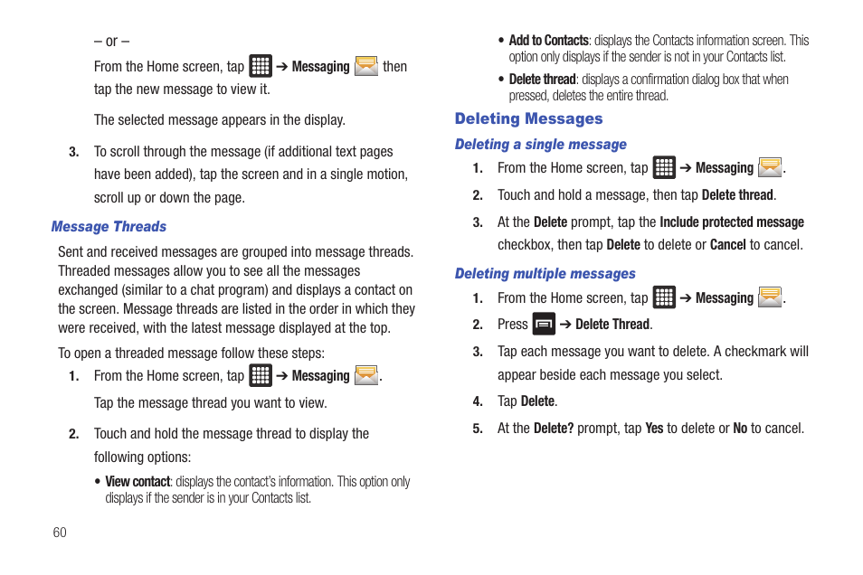 Deleting messages | Samsung Galaxy Tab A3LSGHI987 User Manual | Page 64 / 146