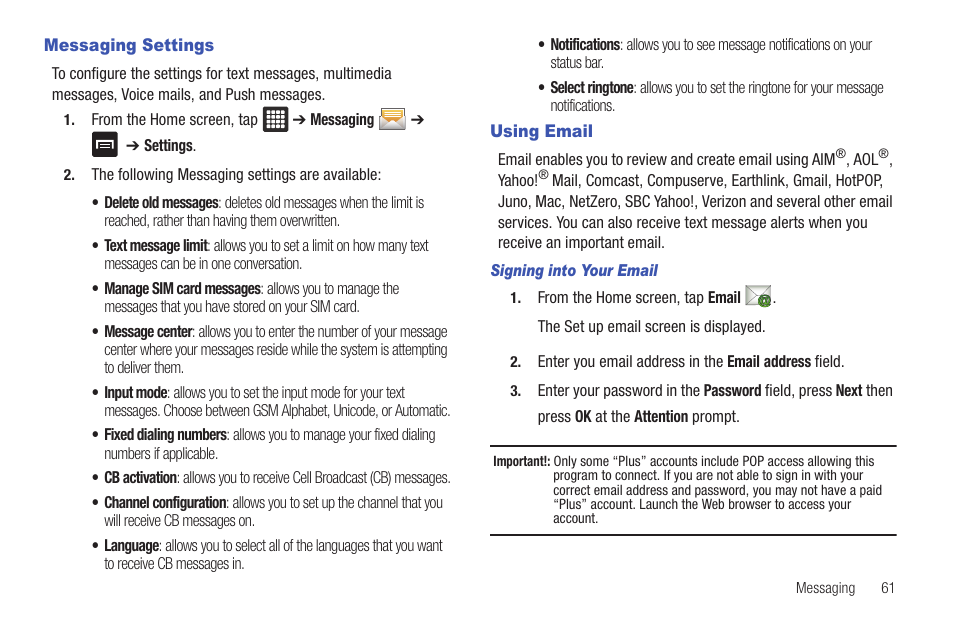 Messaging settings, Using email, Messaging settings using email | For more | Samsung Galaxy Tab A3LSGHI987 User Manual | Page 65 / 146